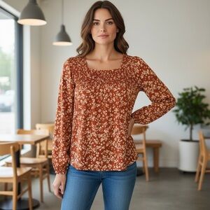 Gilli Rust Color w/White Floral Pattern Women's S Top Western Boho Nice Weight